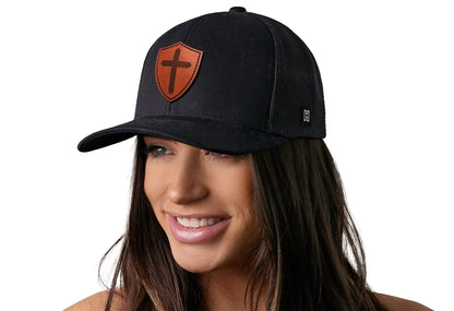 Cross Trucker Hat Shield Leather | Black Christian Snapback - Get it from Bo