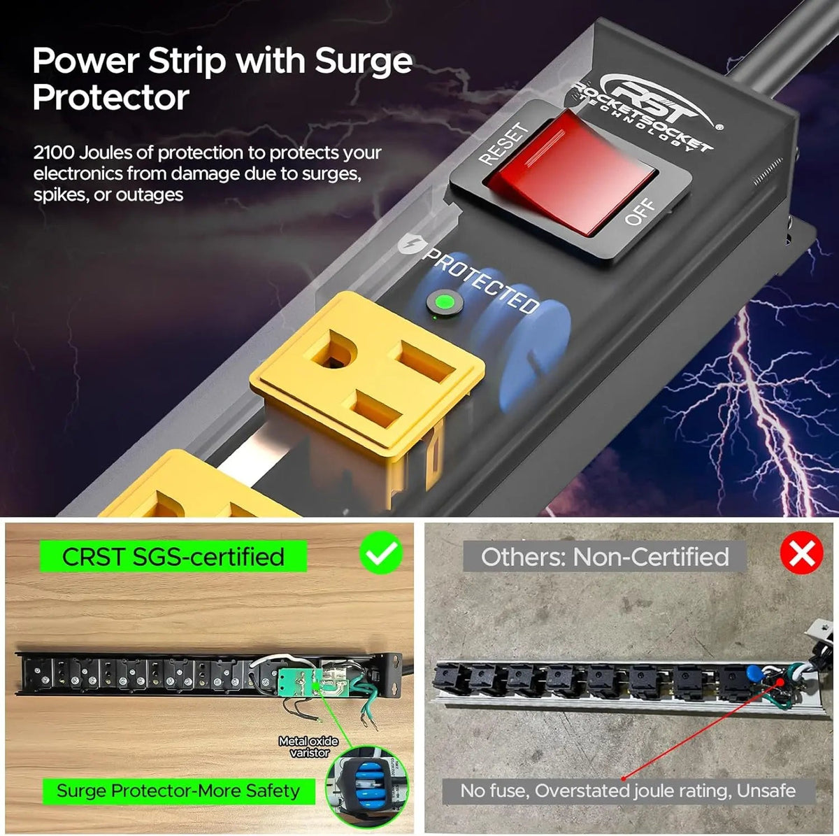 CRST 2 Pack 8 Outlet Metal Heavy Duty Power Strip 2100J Surge Protector 15A 1875W Mountable Wide Spaced Power Bar 6FT Flat Plug Extension Cord - Get it from Bo