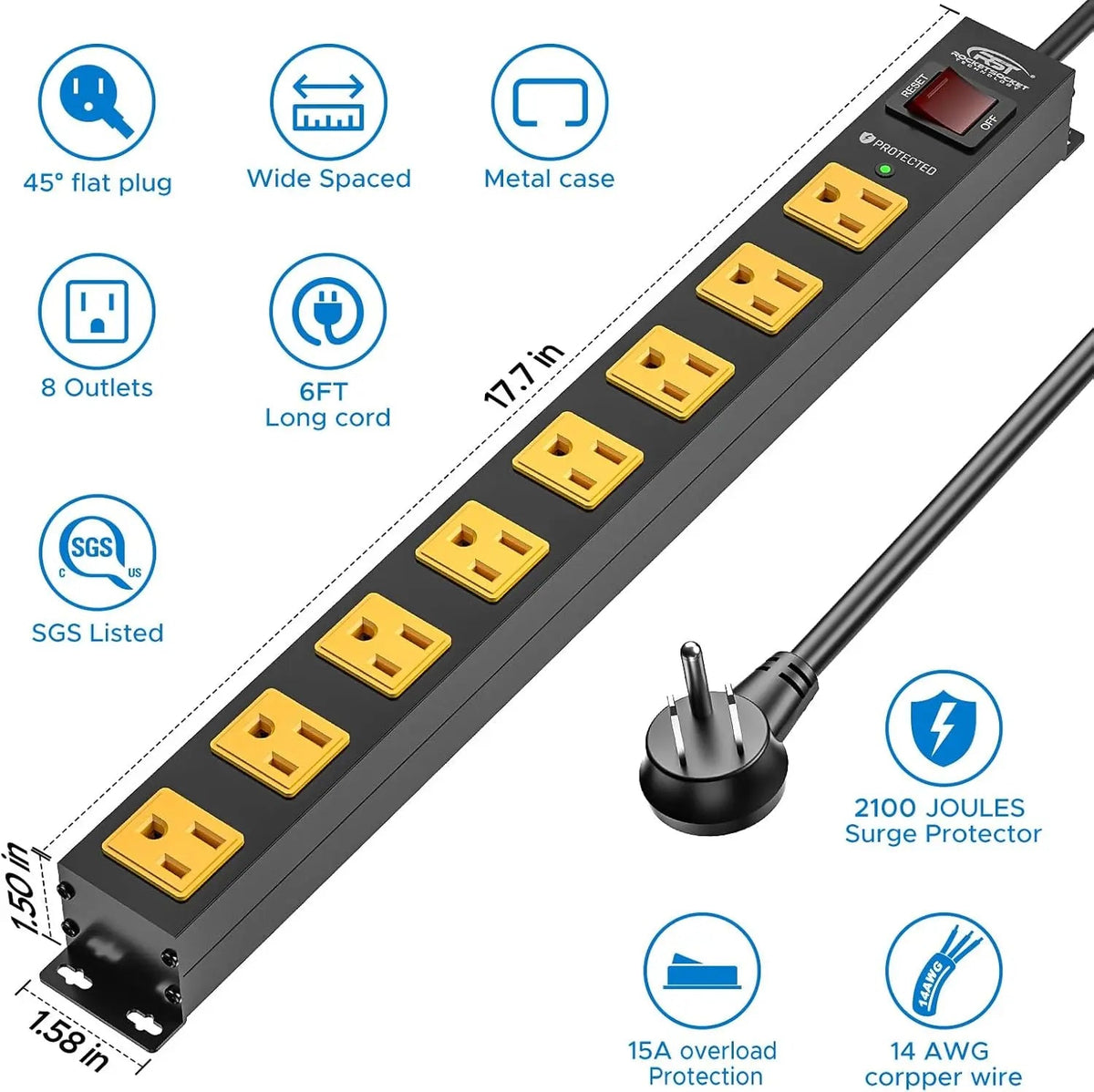 CRST 2 Pack 8 Outlet Metal Heavy Duty Power Strip 2100J Surge Protector 15A 1875W Mountable Wide Spaced Power Bar 6FT Flat Plug Extension Cord - Get it from Bo