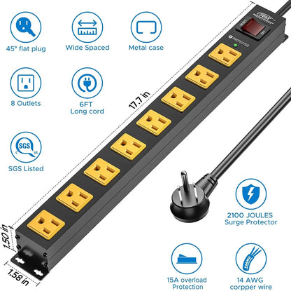 CRST 2 Pack 8 Outlet Metal Heavy Duty Power Strip 2100J Surge Protector 15A 1875W Mountable Wide Spaced Power Bar 6FT Flat Plug Extension Cord - Get it from Bo