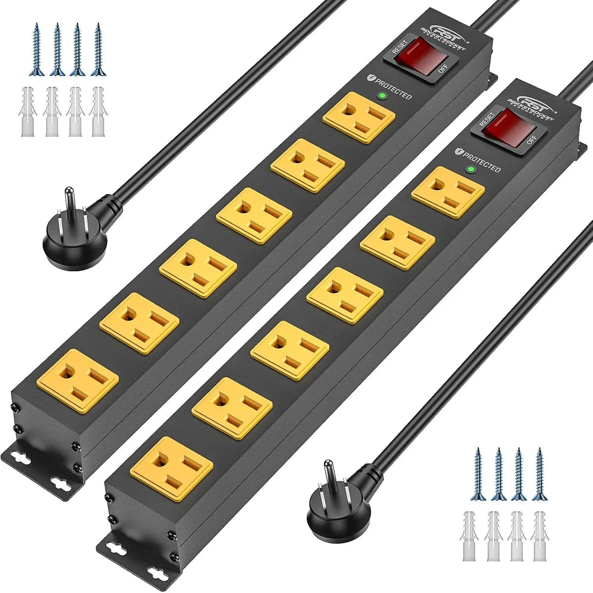 CRST 2PK Wider Spaced 6 Outlet Metal Surge Protector Power Strip 2100J 15A 1875W Heavy Duty Mountable Power Bar 6FT Flat Plug Extension Cord - Get it from Bo