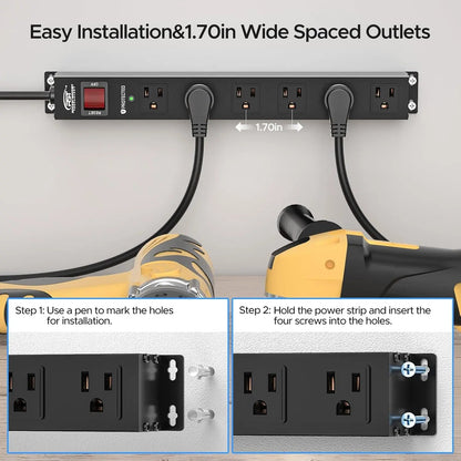 CRST 2PK Wider Spaced 6 Outlet Metal Surge Protector Power Strip 2100J 15A 1875W Heavy Duty Mountable Power Bar 6FT Flat Plug Extension Cord - Get it from Bo