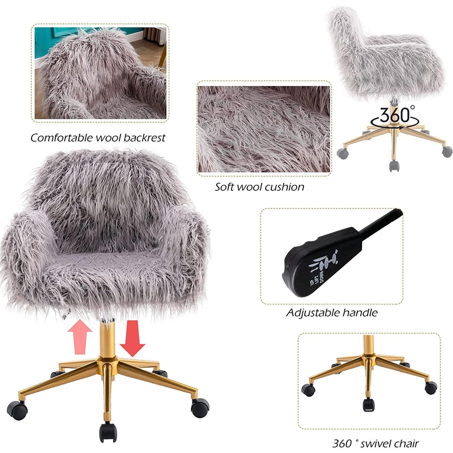 Gray Faux Fur Swivel Office Chair For Home Office Desk