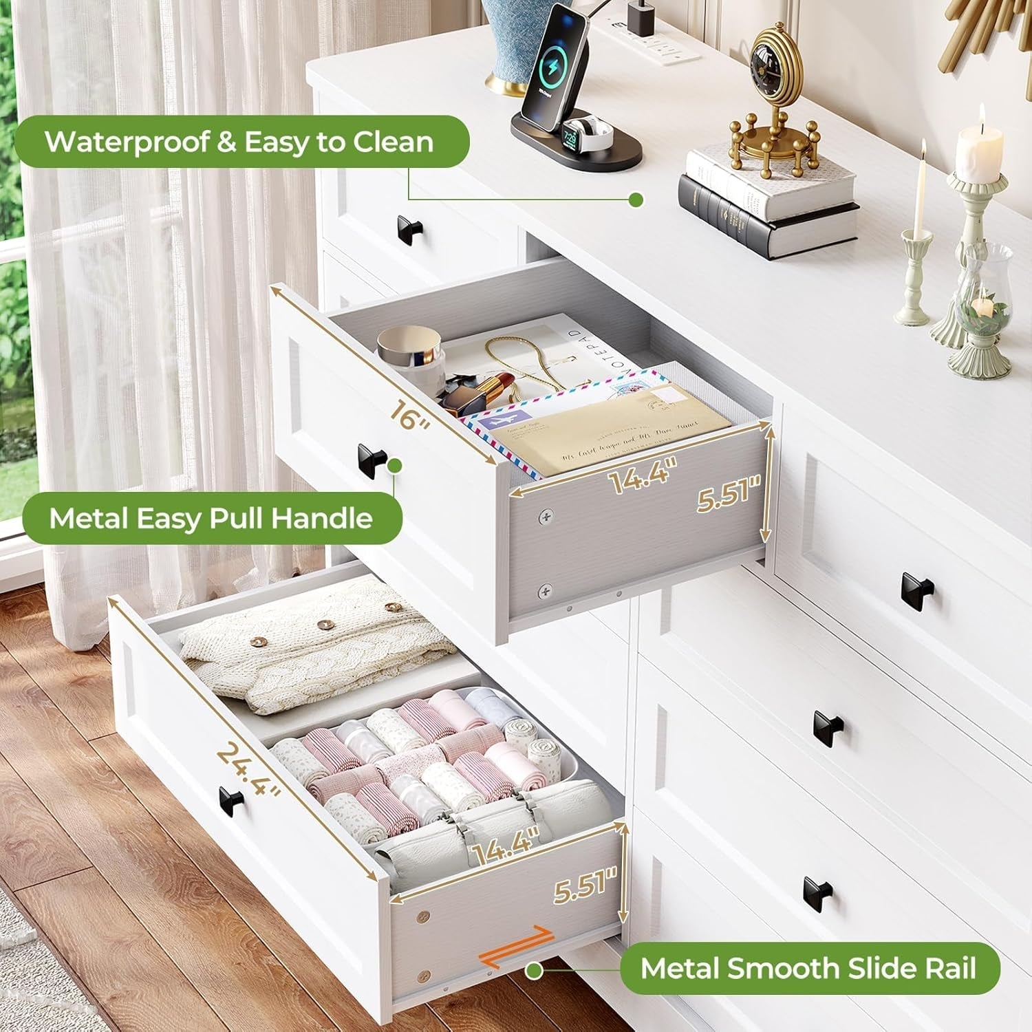 White Dresser for Bedroom with 9 Drawers, 51.2" Large Drawer Dresser with Charging Station, Wide Farmhouse Dresser Chest of Drawers, Wooden Storage Tower Organizer, Dresser for Bedroom Closet ShipItFurniture
