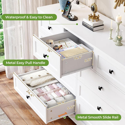 White Dresser for Bedroom with 9 Drawers, 51.2" Large Drawer Dresser with Charging Station, Wide Farmhouse Dresser Chest of Drawers, Wooden Storage Tower Organizer, Dresser for Bedroom Closet ShipItFurniture