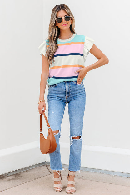 Yasmin Striped Flutter Sleeve Patchwork Top