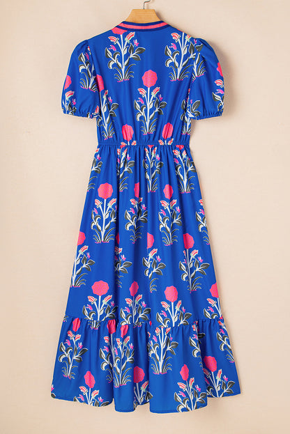 Julietta Floral Puff Short Sleeve V Neck High Waist Maxi Dress