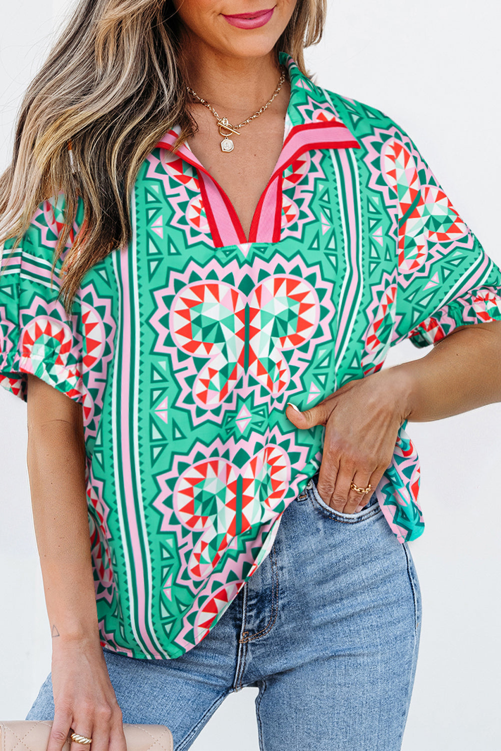 Kamiyah Boho Abstract Striped Collared V Neck Blouse