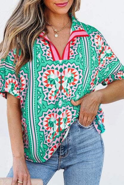 Kamiyah Boho Abstract Striped Collared V Neck Blouse