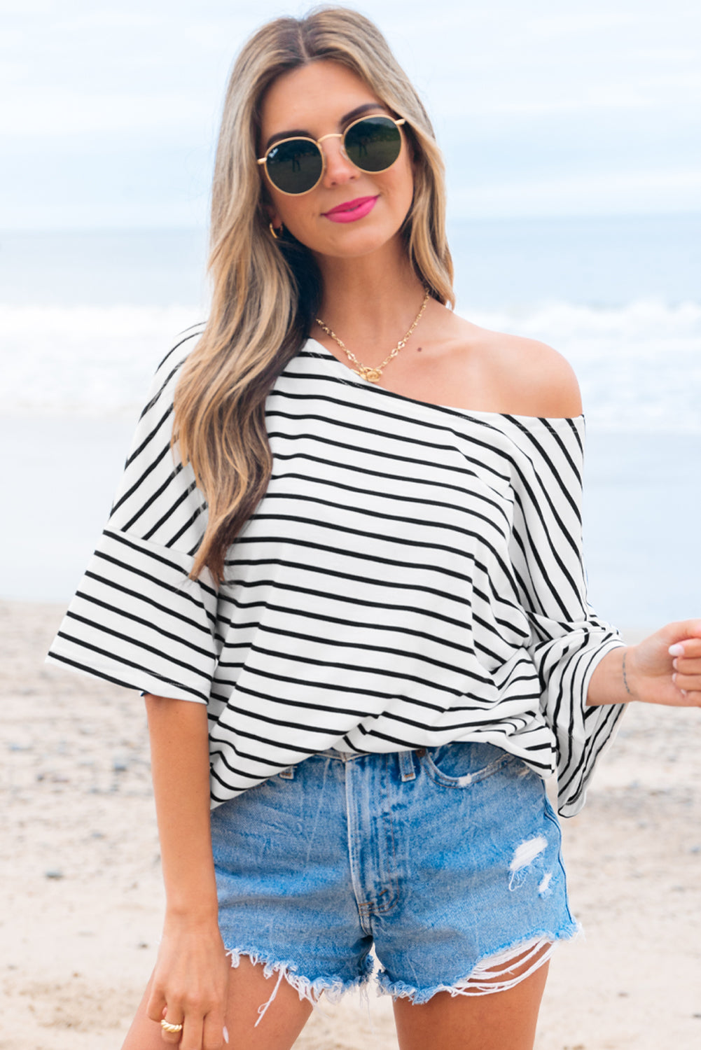 Lilia Stripe Half Sleeve Scoop Neck Loose Top