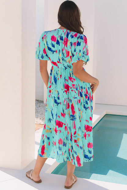 Roselyn Abstract Short Puff Sleeve Tiered Maxi Dress