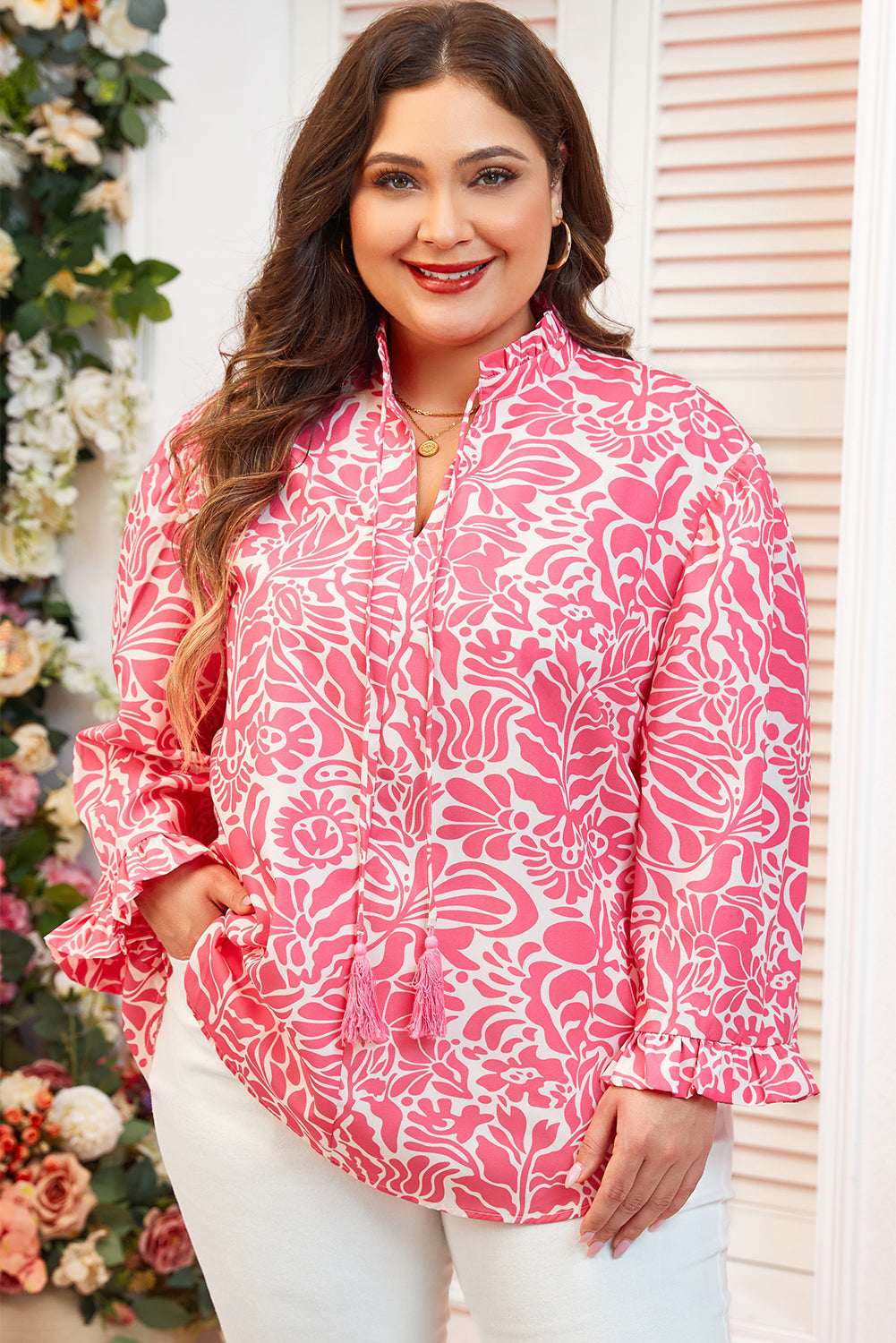 Alanna Plus Size Floral Frilled Neck Top Threaded Pear