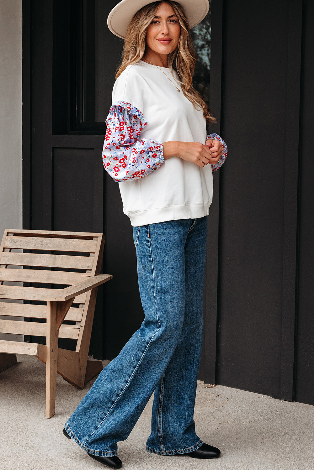 Isabel Floral Ruffled Balloon Sleeve Loose Blouse Threaded Pear