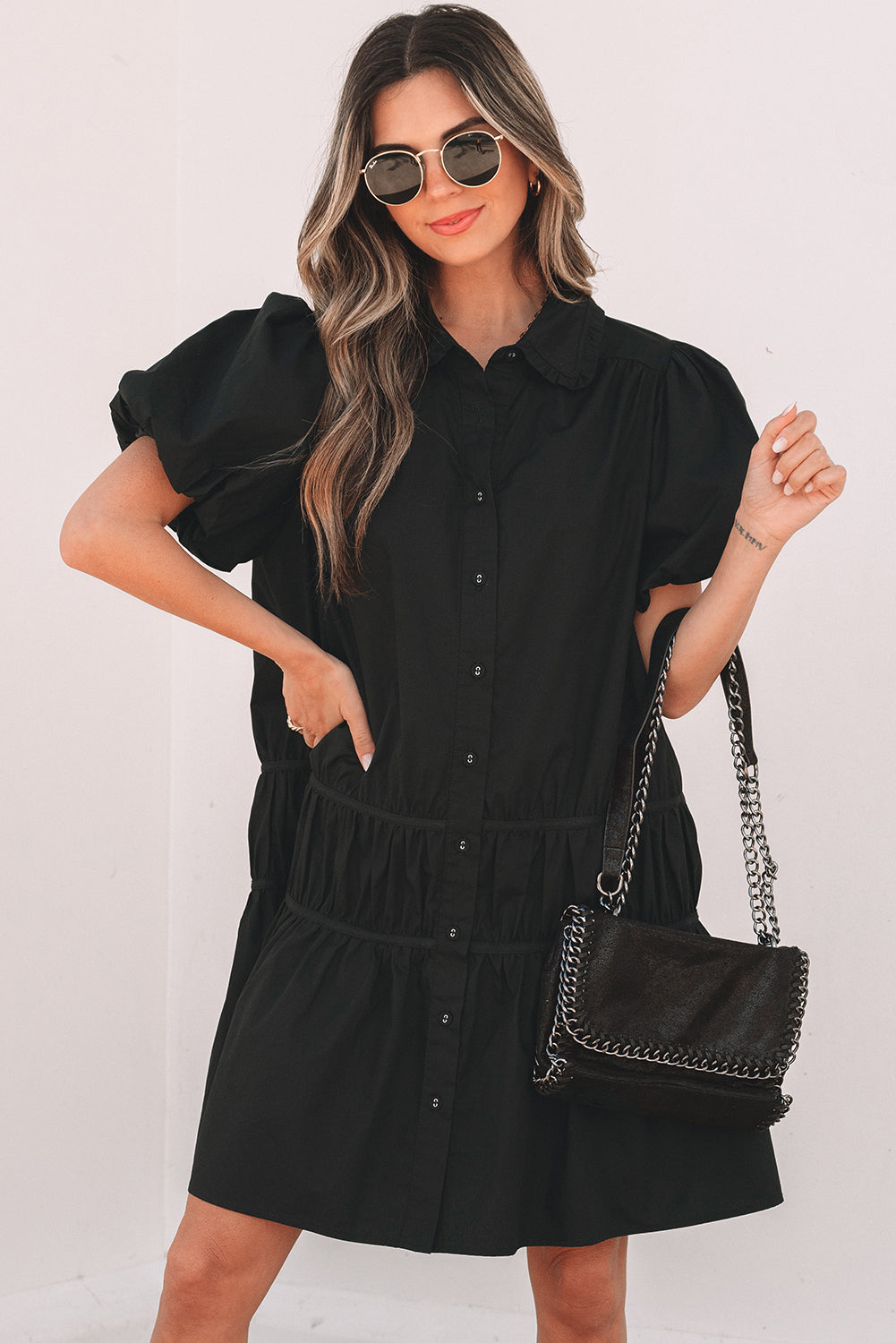 Cassidy Button Down Puff Sleeve Ruffle Hem Dress