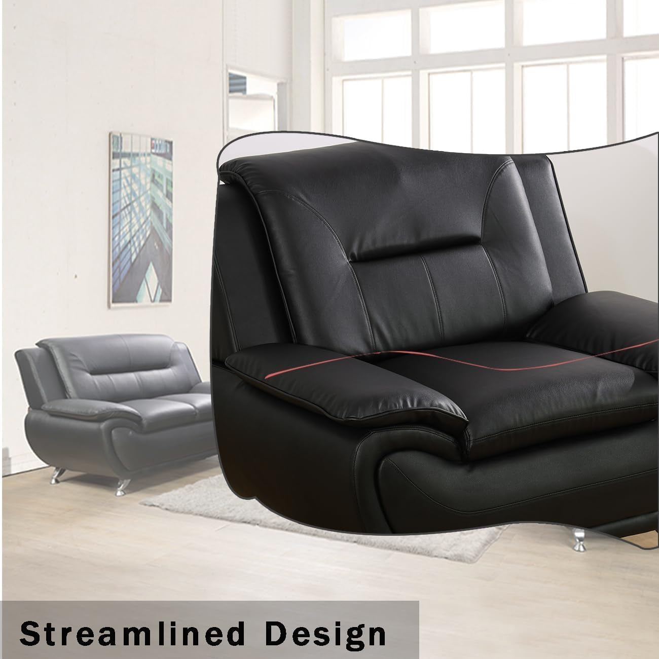 Contemporary Living Room Furniture Set, Faux Leather Sofa Set for Living Room/House/Bedroom/Office/Apartment (Black-B, Loveseat), F45&F46 ShipItFurniture