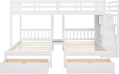 Triple Bunk Beds with Drawers, Wood Full over Twin & Twin Bunk Bed with Storage Staircase, Triple Bed for Kids,3 Bed Bunk Beds with Storage for Girls Boys,White ShipItFurniture
