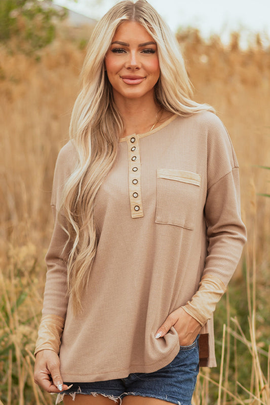 Blake Waffle Textured Tunic Henley Top with Slits Threaded Pear