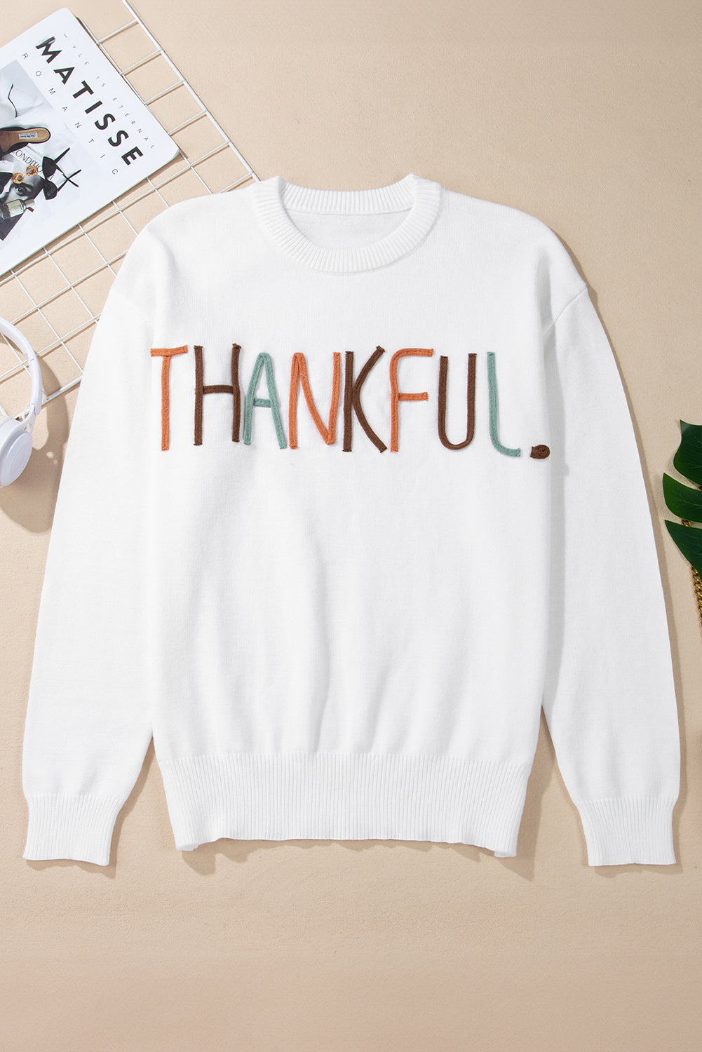 Thankful Embroidered Sweater Threaded Pear