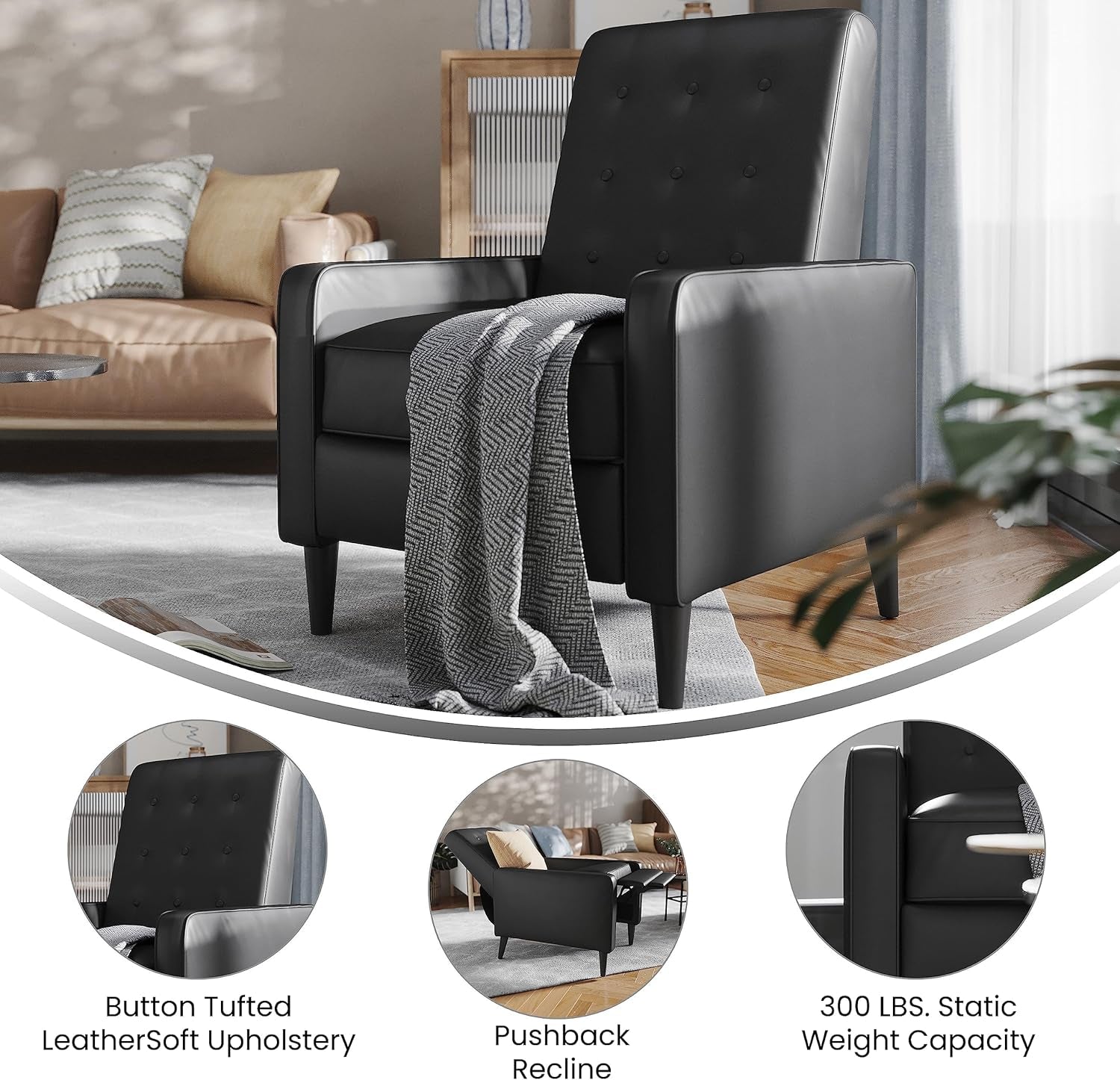 Ezra Pushback Recliner Black LeatherSoft Upholstery ShipItFurniture