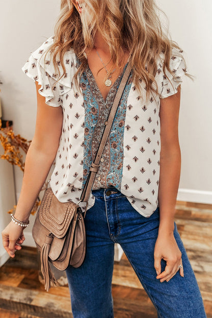 Aria Boho Pattern Ruffled Sleeve V Neck Buttoned Blouse