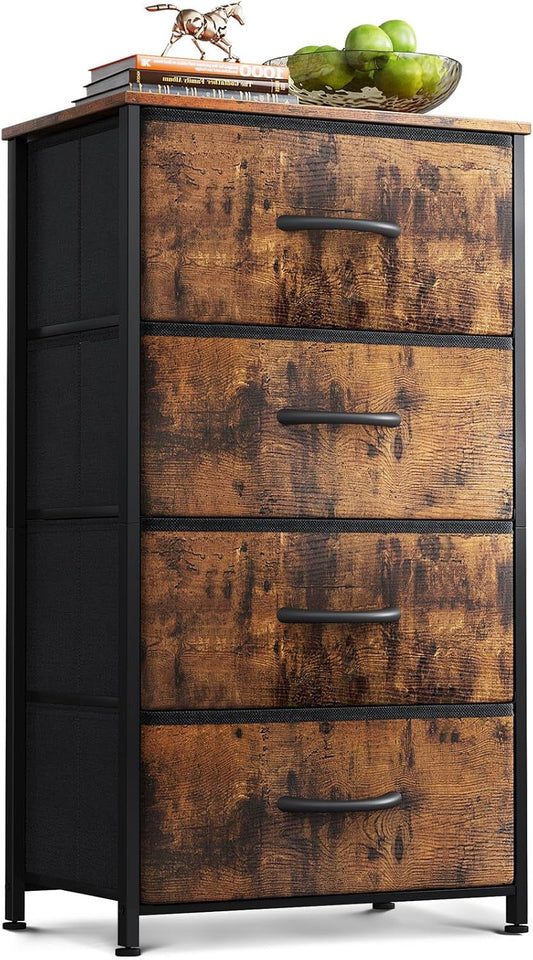 Dresser for Bedroom with 4 Storage Drawers, Small Dresser Chest of Drawers Fabric Dresser with Sturdy Steel Frame, Dresser for Closet with Wood Top, Vintage ShipItFurniture