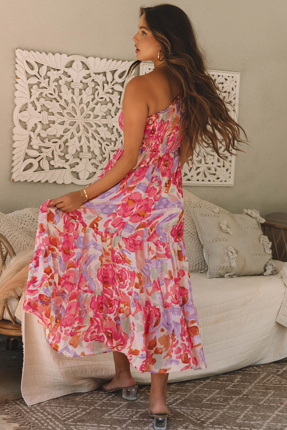 Malaysia Floral Print Shirred One Shoulder Maxi Dress