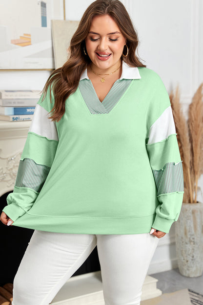 Moonlight Jade Color Block Striped Patchwork Collar V Neck Plus Size Sweatshirt