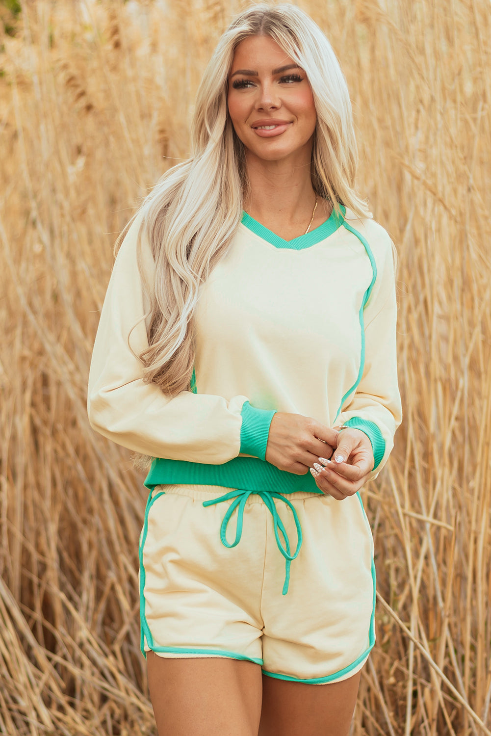 Wren Long Sleeve Pullover and Drawstring Shorts Outfit Threaded Pear