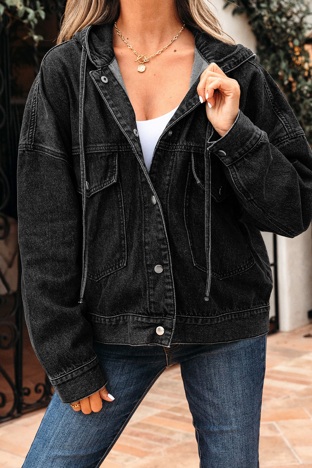 Sage Pocket Drop Shoulder Hooded Denim Jacket Threaded Pear