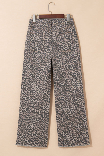 Brianna Leopard Frayed Edge Wide Leg High Waist Jeans