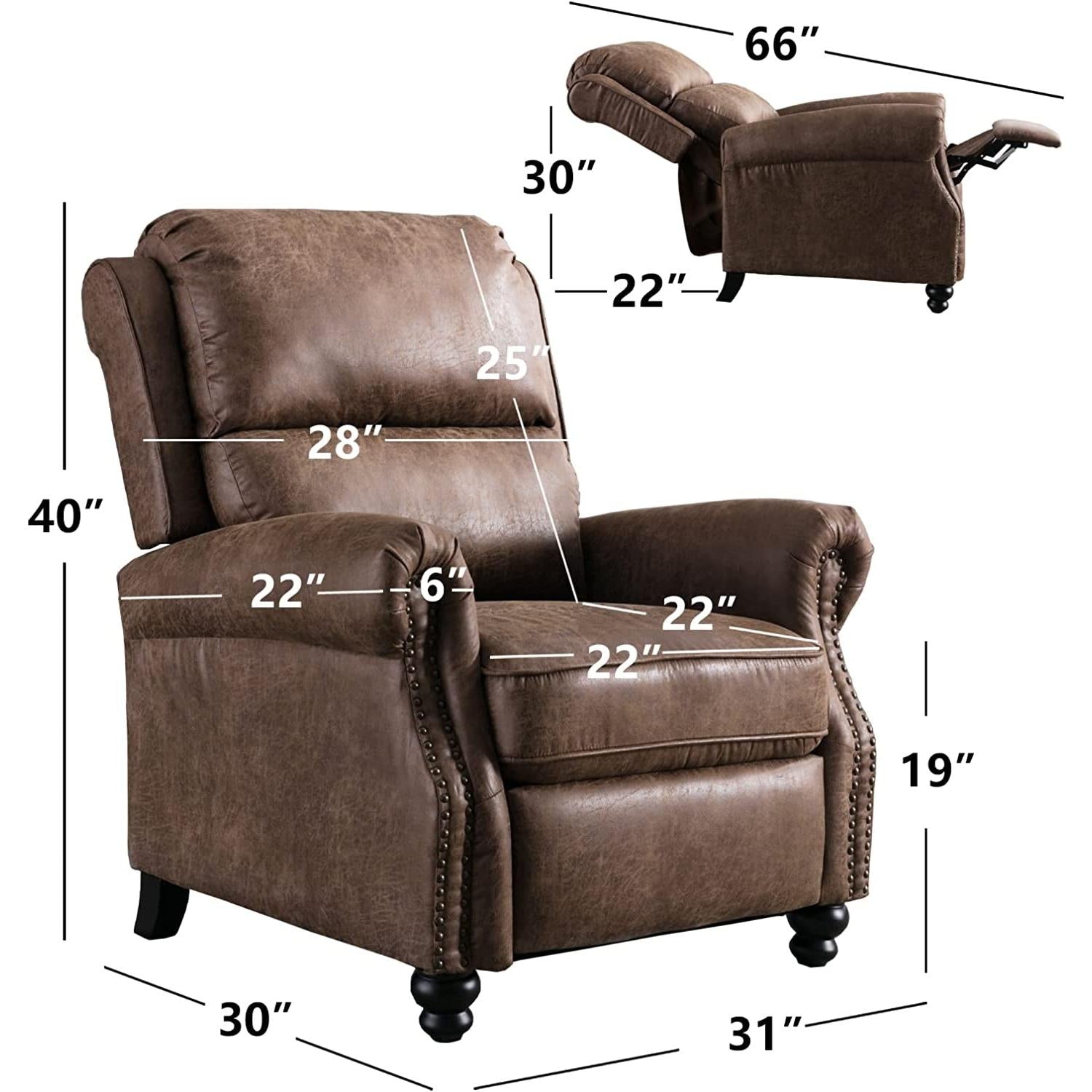 Pushback Recliner Chair Leather Rivet Decoration Chocolate ShipItFurniture
