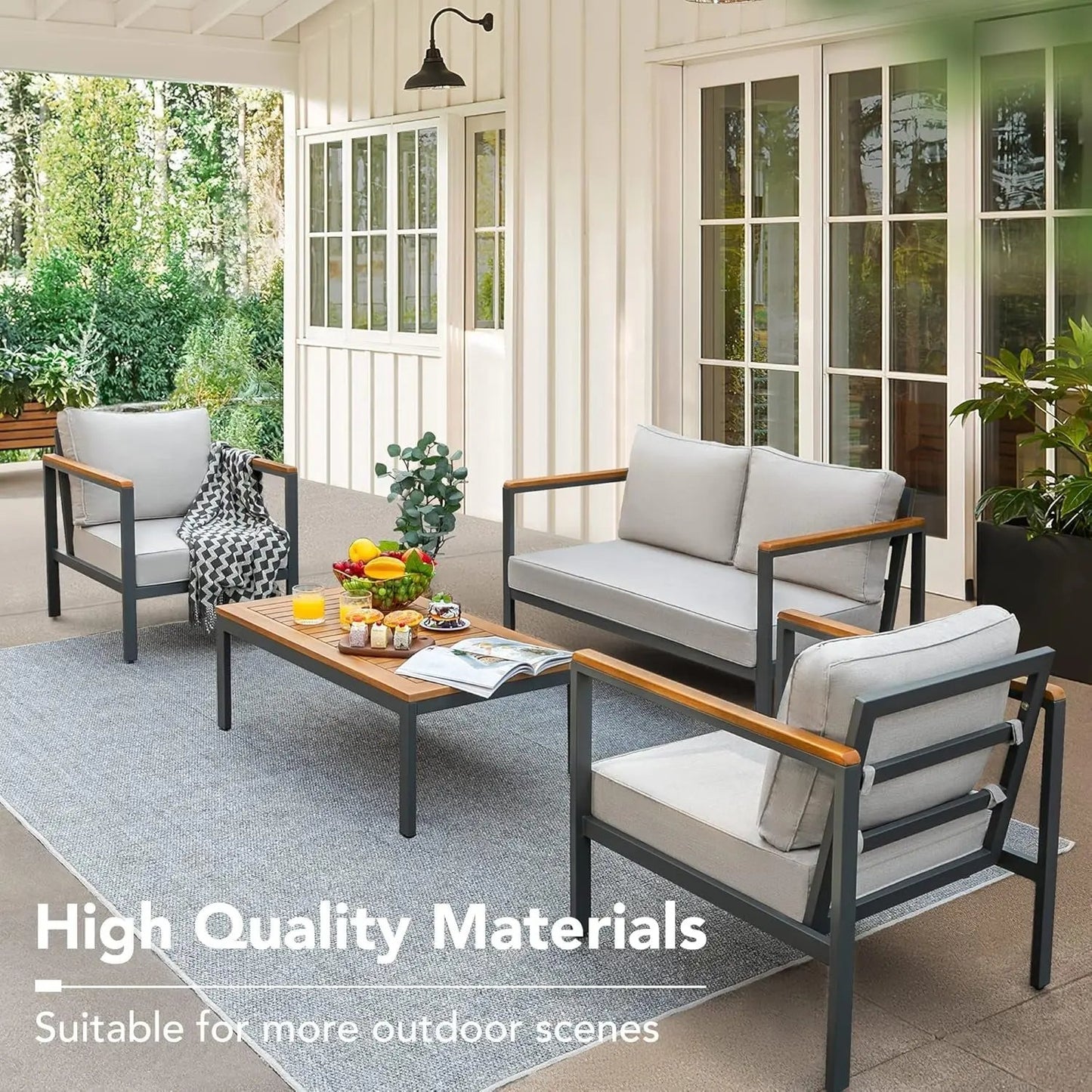 4 Pieces Patio Furniture Sets Outdoor Conversation Set Acacia Wood Sofa Set with Coffee Table Thicker Sponge Cushion-2