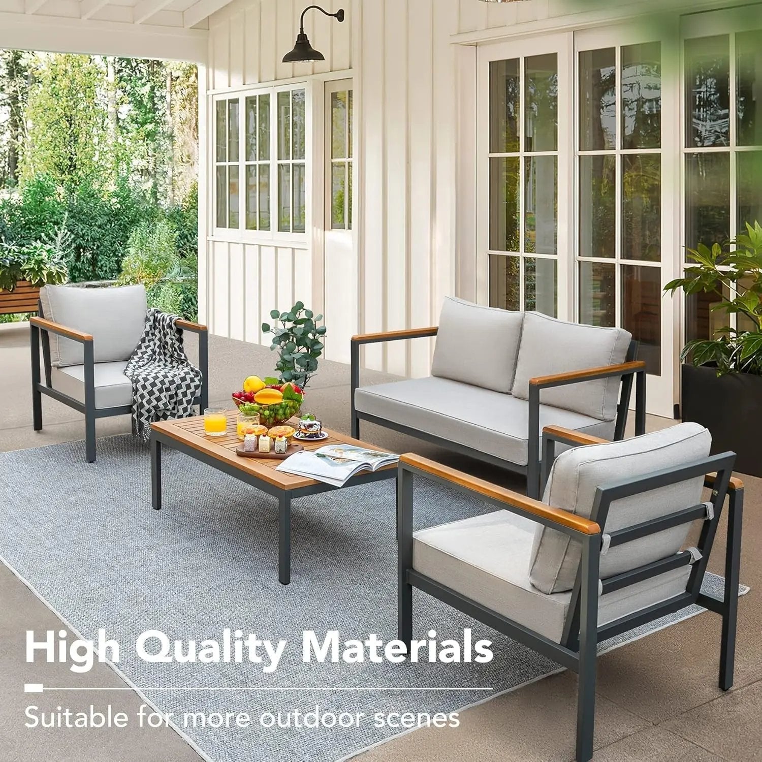 4 Pieces Patio Furniture Sets Outdoor Conversation Set Acacia Wood Sofa Set with Coffee Table Thicker Sponge Cushion-2