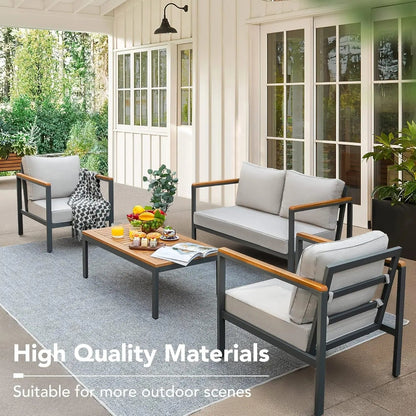 4 Pieces Patio Furniture Sets Outdoor Conversation Set Acacia Wood Sofa Set with Coffee Table Thicker Sponge Cushion-2