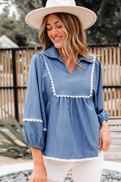 Nevaeh Lace Ric Rac 3/4 Puff Sleeve Collared Babydoll Blouse