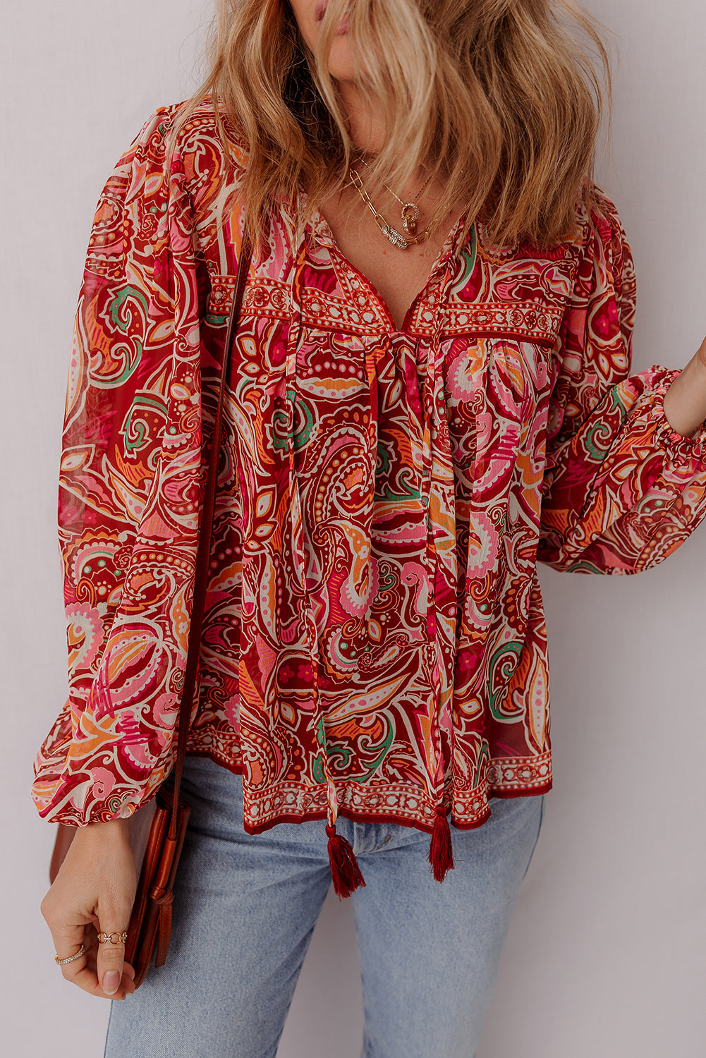 Quinn Paisley Tassel Tie Puff Sleeve Boho Blouse Threaded Pear