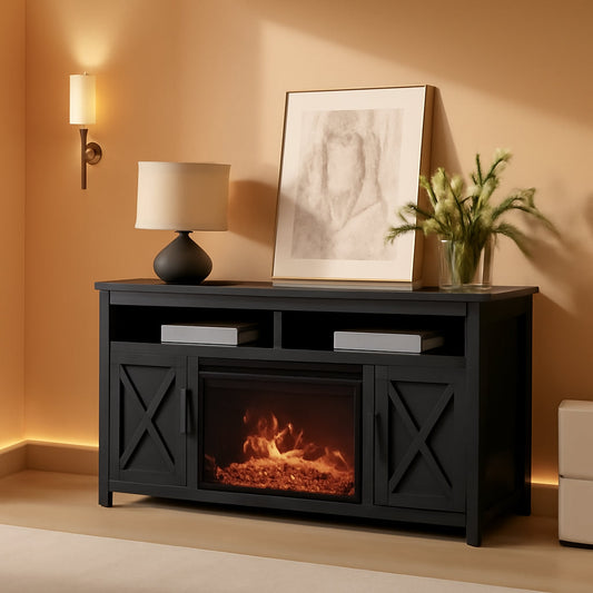 58 Inch Farmhouse TV Stand With Electric Fireplace Grey