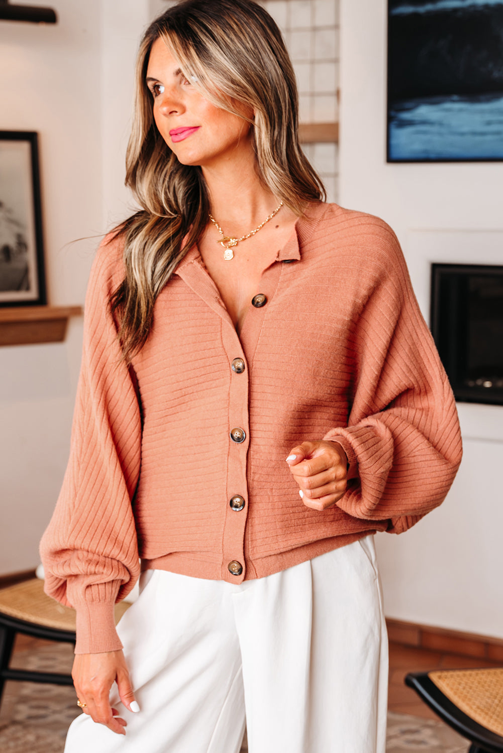 Parker Button Front Dolman Sleeve Sweater Cardigan Threaded Pear