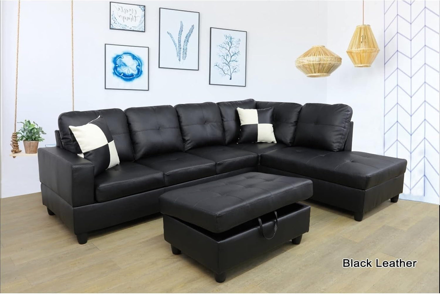 Faux Leather L Shaped Sectional Sofa Black 103 Inch Wide With Ottoman ShipItFurniture