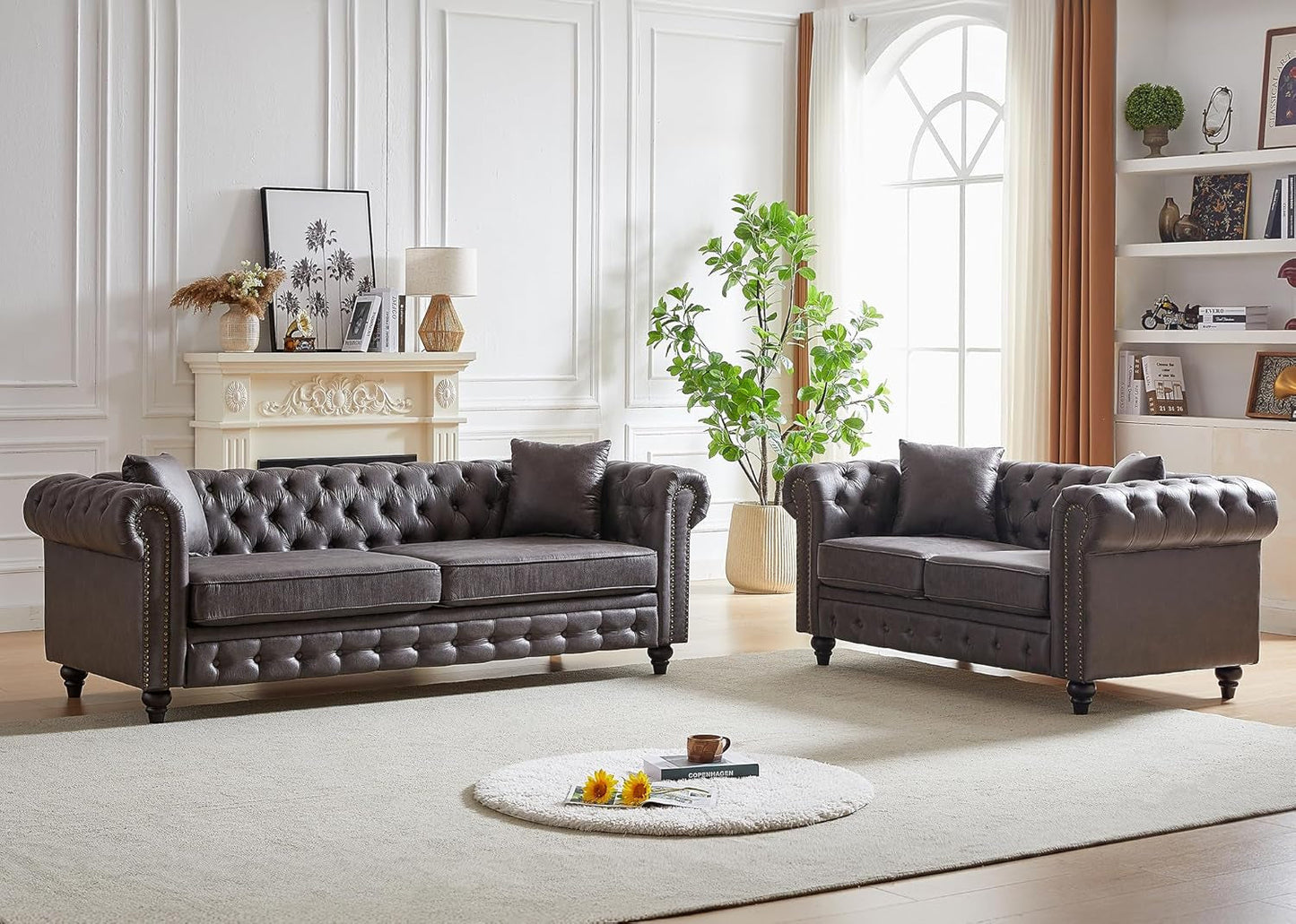 Two Piece Living Room Sofa Set Button Tufted Couch And Loveseat In Grey With Nailhead Trim ShipItFurniture