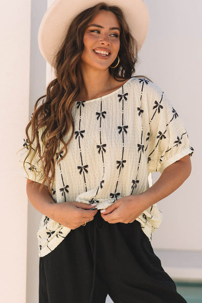 Aviana Bow Print Puff Short Sleeve Top