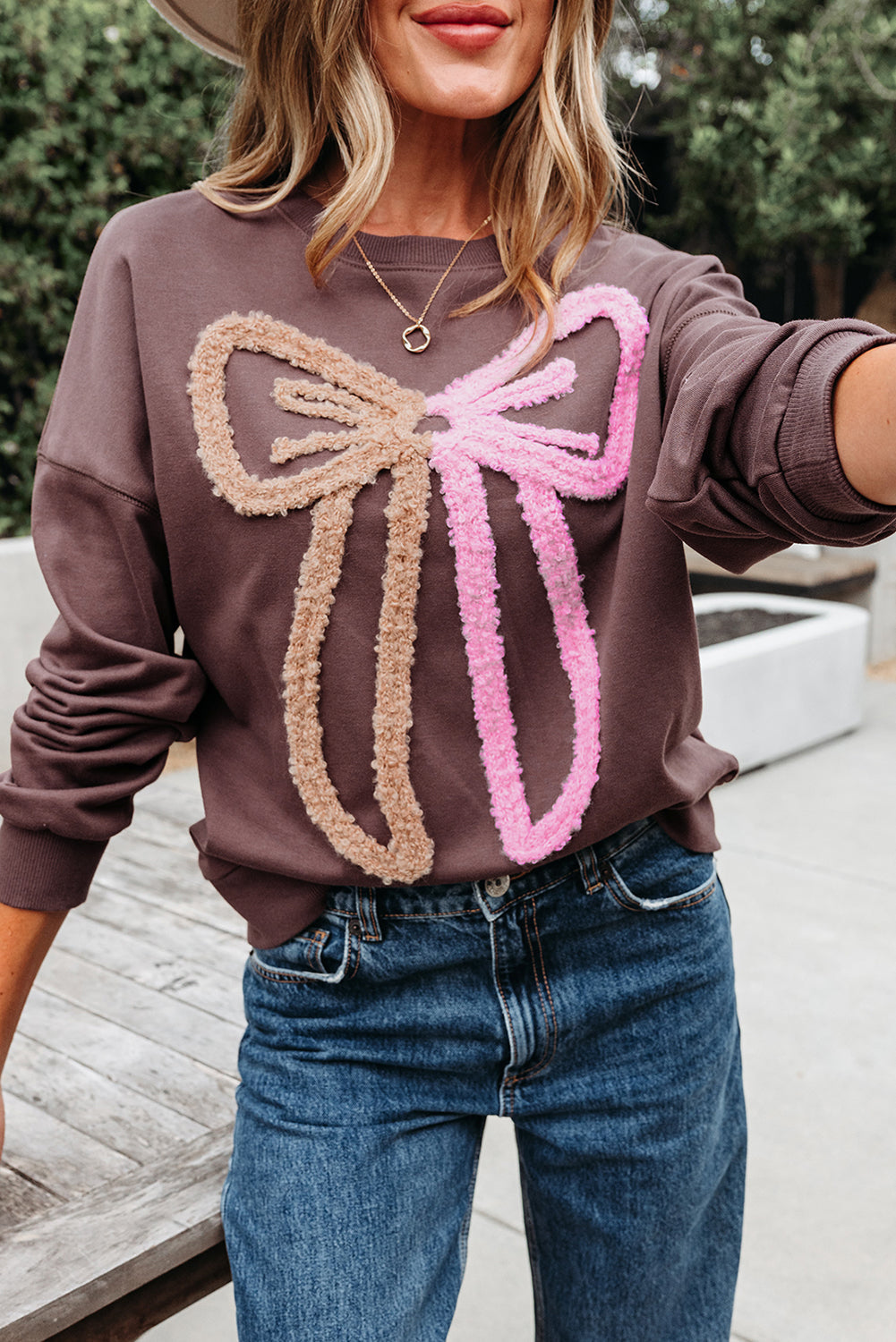 Callie Terry Bow Pattern Drop Shoulder Sweatshirt Threaded Pear