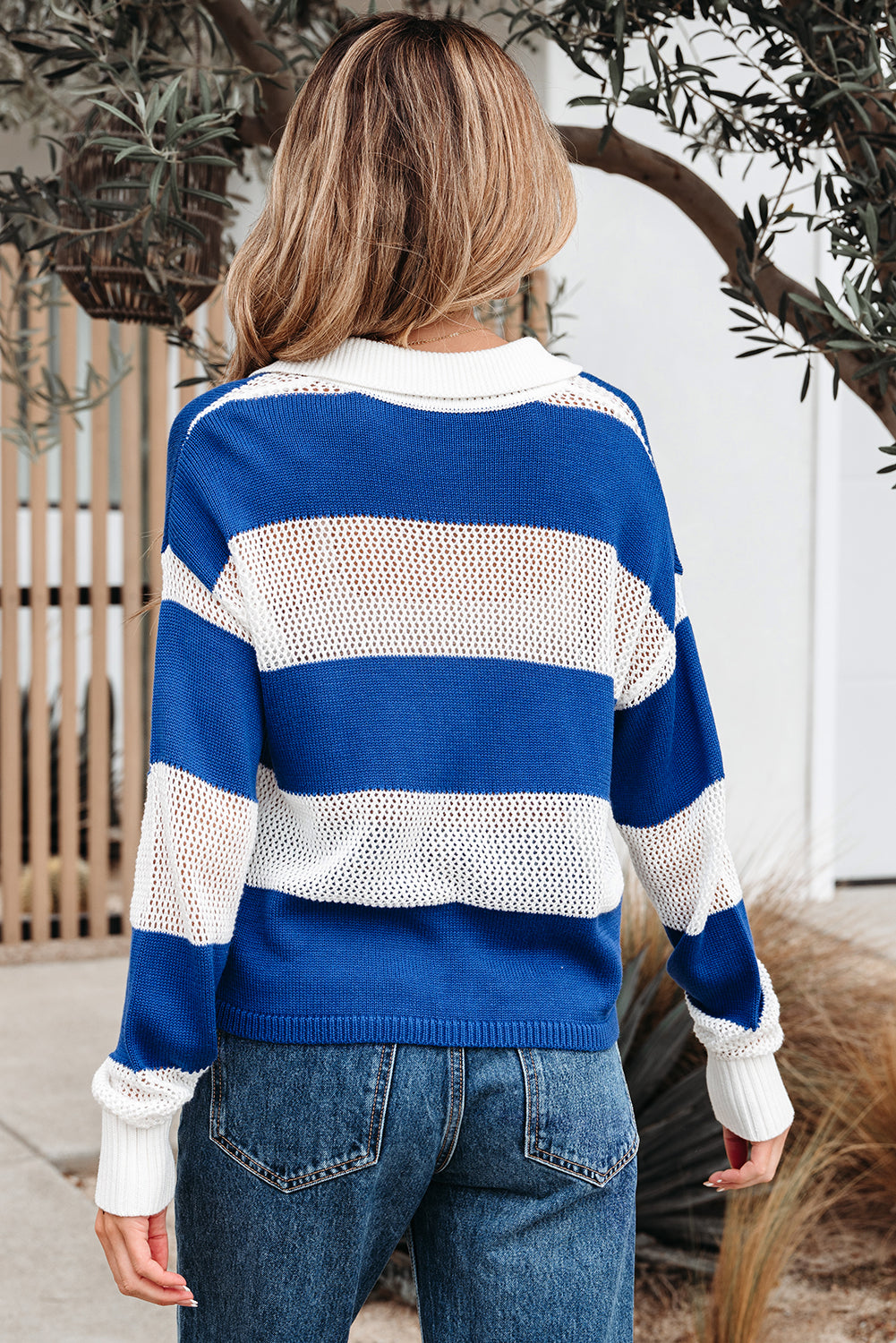 Genevieve Stripe Collar Eyelet Crochet Knitted Sweater - Get it from Bo