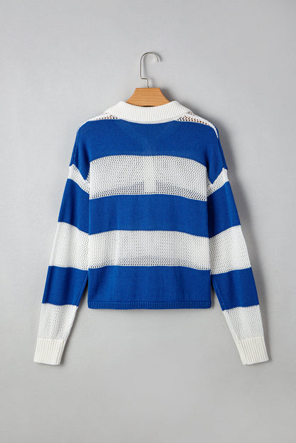 Genevieve Stripe Collar Eyelet Crochet Knitted Sweater