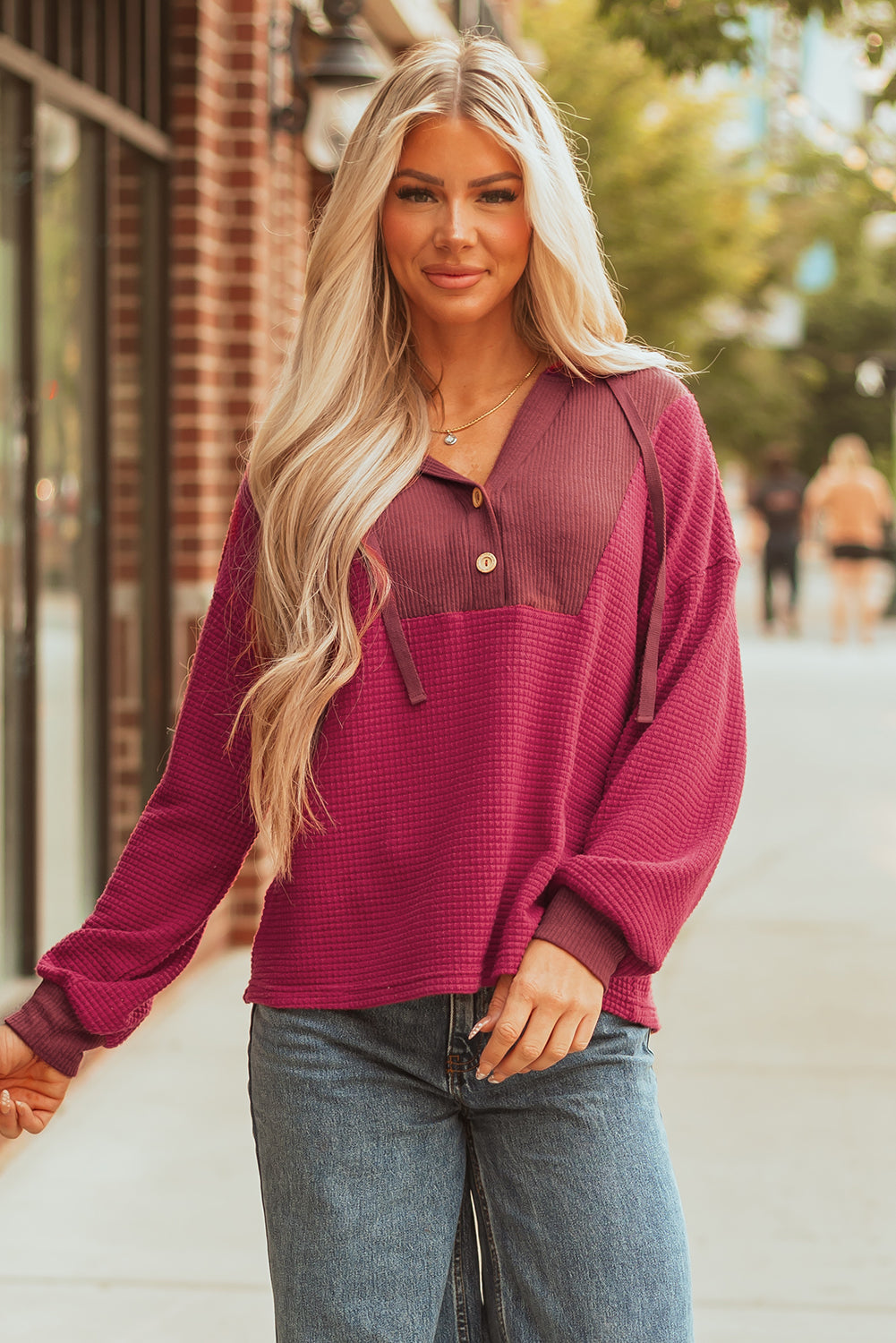 River Waffle Hooded Long Sleeve Top Threaded Pear