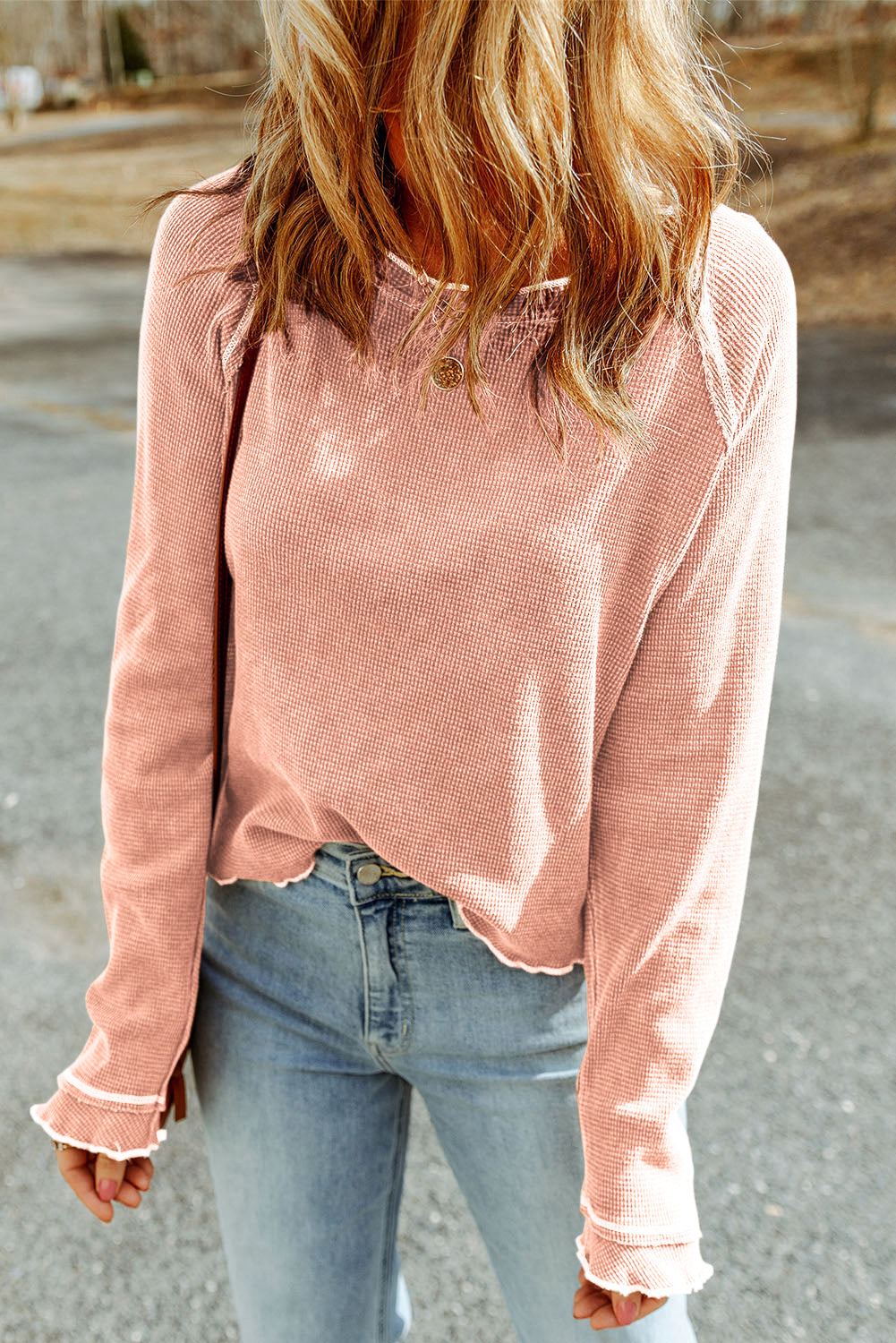 Daisy Textured Round Neck Long Sleeve Top Threaded Pear
