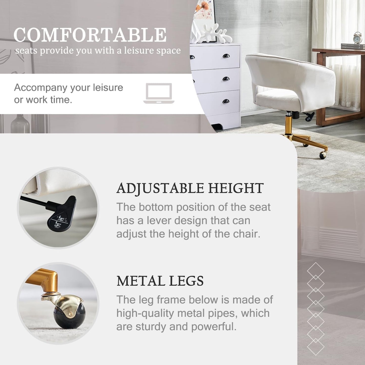 Beige Velvet Office Chair 360 Degree Swivel Home Office