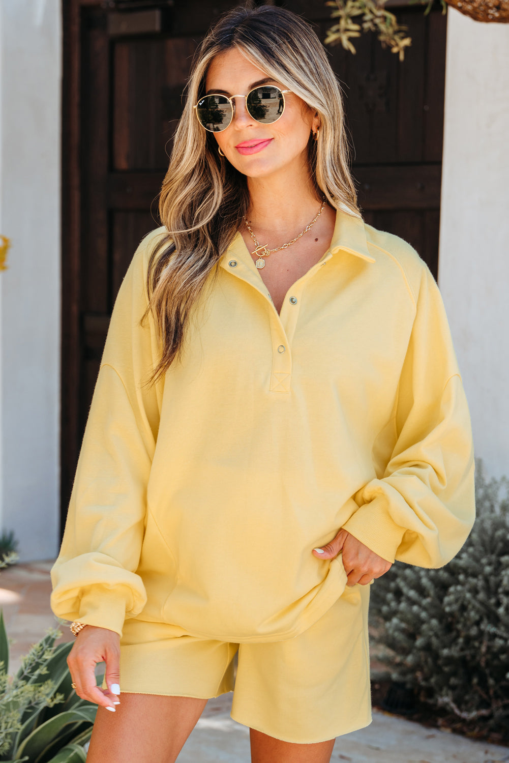 Kylie Button Collar Drop Shoulder Pullover and Shorts 2pcs Outfit Threaded Pear