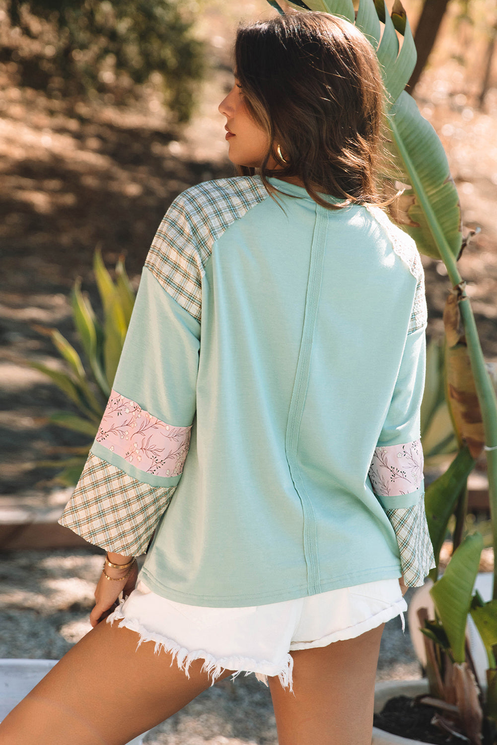 Emilia Plaid Floral Peace Heart Long Sleeve Top Threaded Pear