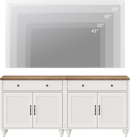 Farmhouse TV Stand For 75 Inch TV Off White 8 Doors